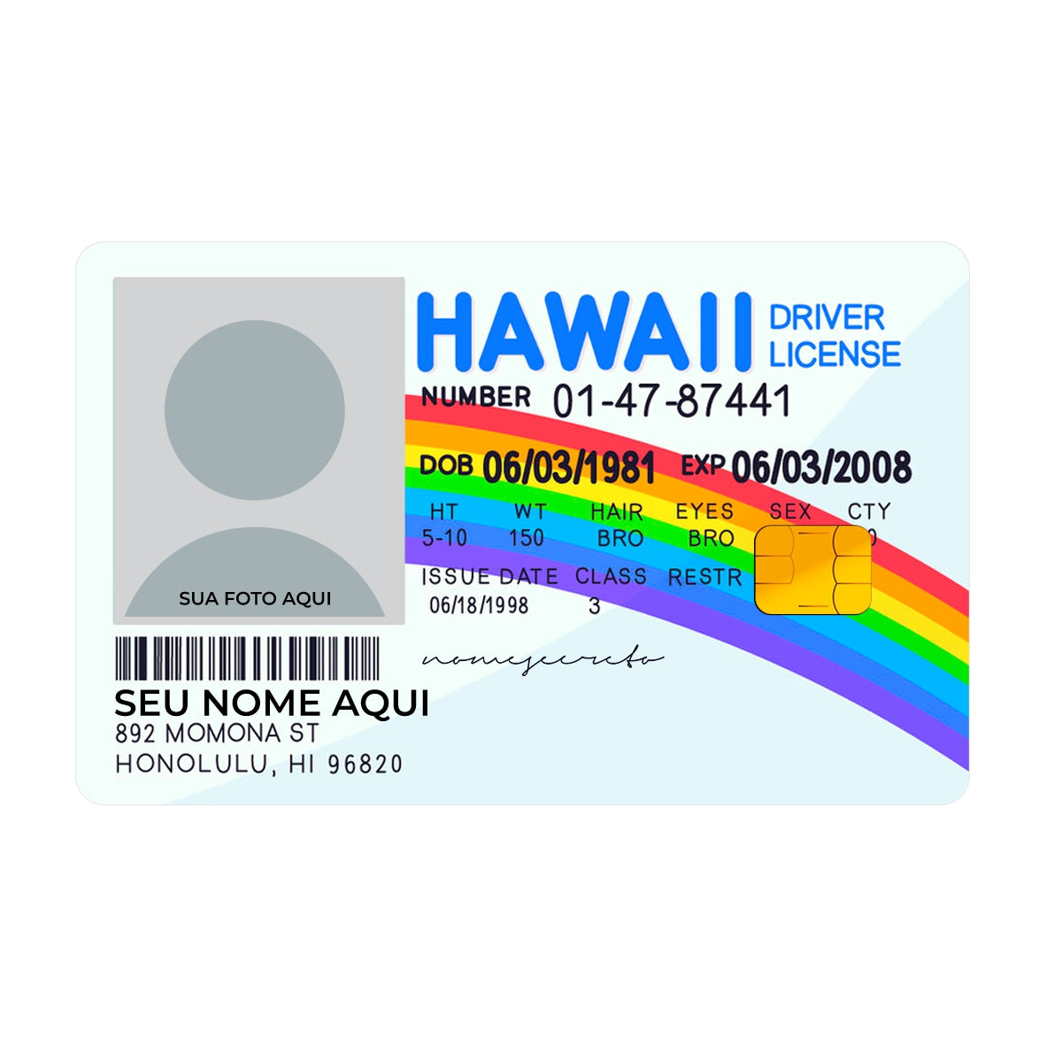 CAPACARD - Película Adesiva Para Cartão - Hawaii Driver License (Nome+Foto)